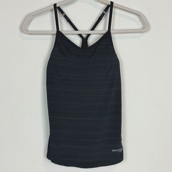 Saucony Black Grey Cropped Tights & Striped Tank Top Set M - Picture 7 of 13